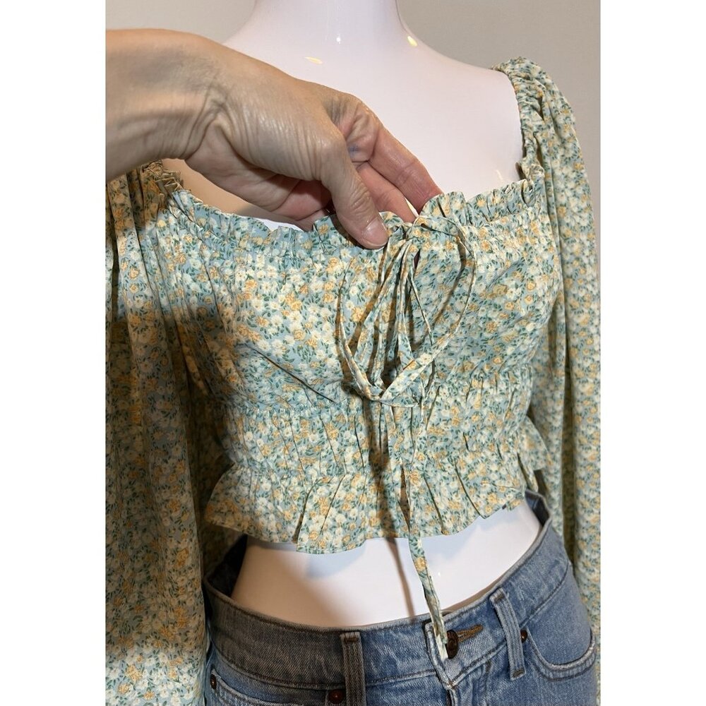 Mable Anthropologie Women FLORAL PUFF SLEEVE Crop Top Medium Size Stretch Green - Picture 4 of 11